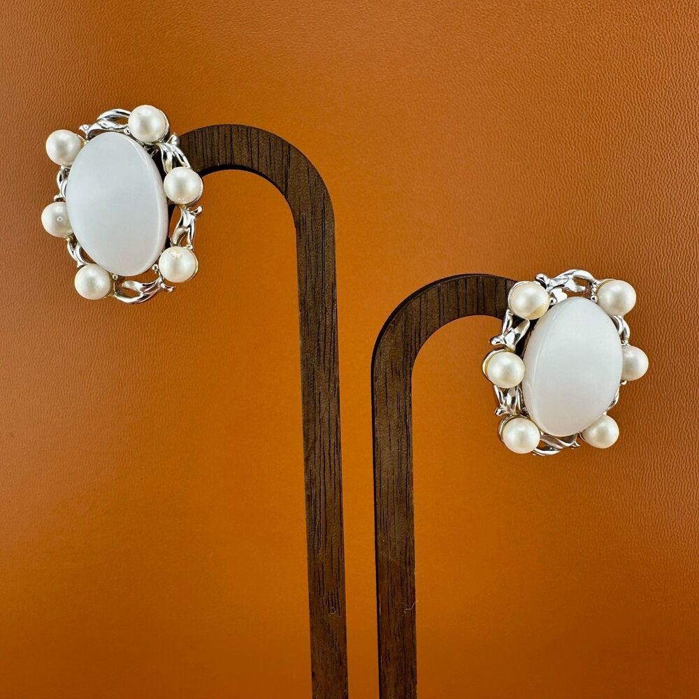 Vintage Thermoset Earrings White Faux Pearls Oval Clip On Silver Tone Signed